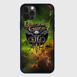 Чехол iPhone 12 Pro Max Baldurs Gate 3 logo dark green fire