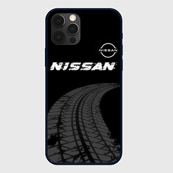 Чехол iPhone 12 Pro Max Nissan speed на темном фоне со следами шин: символ