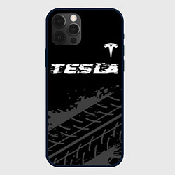 Чехол iPhone 12 Pro Max Tesla speed на темном фоне со следами шин посереди