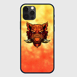 Чехол iPhone 12 Pro Max Огненный дикий кабан на фоне пламени