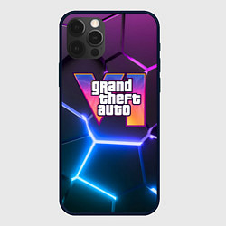 Чехол для iPhone 12 Pro Max GTA 6 лого на фоне разлома фиолетовых и синих плит, цвет: 3D-черный