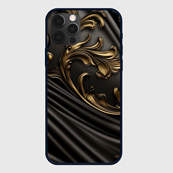Чехол iPhone 12 Pro Max Объемные золотые узоры на черной ткани лепнина