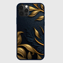 Чехол iPhone 12 Pro Max Лепнина объемные золотые узоры на темном синем фон