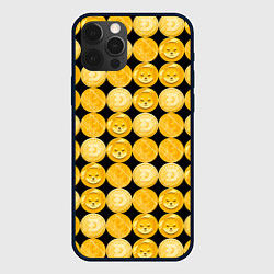 Чехол для iPhone 12 Pro Max Золотые монеты Биткоин, Доджкоин, Шиба ину паттерн, цвет: 3D-черный