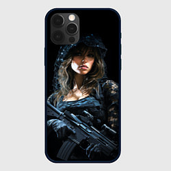 Чехол iPhone 12 Pro Max Брюнетка снайпер в черном камуфляже
