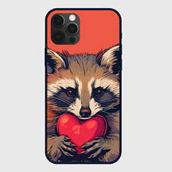 Чехол для iPhone 12 Pro Max Влюбленный енот сжимает лапками сердце, цвет: 3D-черный