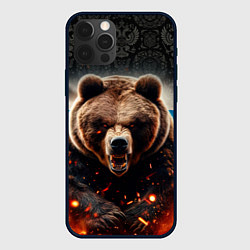 Чехол iPhone 12 Pro Max Русский медведь на фоне флага и огня