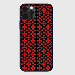 Чехол iPhone 12 Pro Max Красные четырёхлистники на чёрном фоне