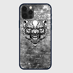 Чехол для iPhone 12 Pro Max Злой волк на сером фоне, цвет: 3D-черный