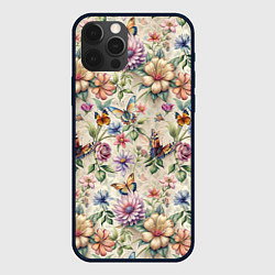 Чехол для iPhone 12 Pro Max Летний узор с цветами и бабочками, цвет: 3D-черный