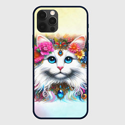 Чехол для iPhone 12 Pro Max Белый кот с голубыми глазами в цветах, цвет: 3D-черный