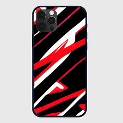 Чехол для iPhone 12 Pro Max Красно-белые полосы на чёрном фоне, цвет: 3D-черный