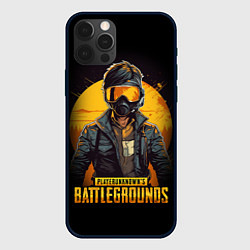 Чехол iPhone 12 Pro Max PUBG игрок на закате черный фон