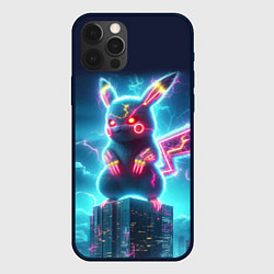 Чехол для iPhone 12 Pro Max Пикадзила на крыше небоскрёба - неоновое свечение:, цвет: 3D-черный