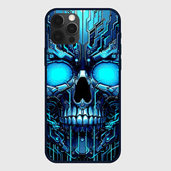 Чехол iPhone 12 Pro Max Неоновый кибер череп - нейроарт микросхема