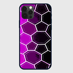 Чехол iPhone 12 Pro Max Белые шестиугольники на чёрно-фиолетовом фоне