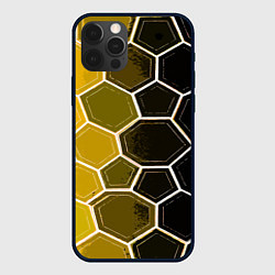 Чехол iPhone 12 Pro Max Белые шестиугольники на чёрно-жёлтом фоне