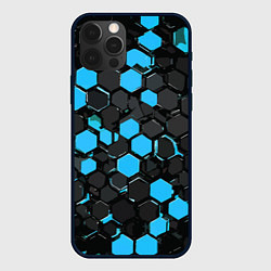Чехол iPhone 12 Pro Max Сине-серые шестиугольники на чёрном фоне