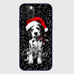 Чехол для iPhone 12 Pro Max Далматинец в шапке Деда Мороза, цвет: 3D-черный