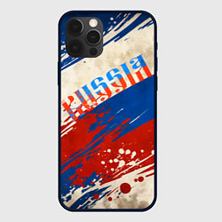 Чехол iPhone 12 Pro Max Надпись Россия на фоне цветов флага
