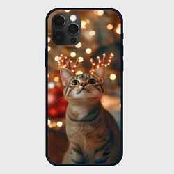 Чехол для iPhone 12 Pro Max Котик с новогодними рожками, цвет: 3D-черный