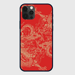 Чехол iPhone 12 Pro Max Золотые драконы на красном