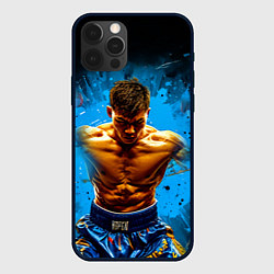 Чехол для iPhone 12 Pro Max Тайский боксер на синем, цвет: 3D-черный