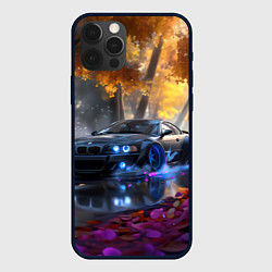 Чехол для iPhone 12 Pro Max BMW синие неоновые фары, цвет: 3D-черный
