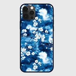 Чехол для iPhone 12 Pro Max Цветы белой сакуры - паттерн на синем фоне, цвет: 3D-черный