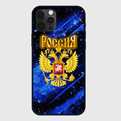 Чехол iPhone 12 Pro Max Герб России на синей неоновой краске