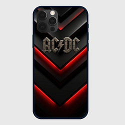 Чехол iPhone 12 Pro Max ACDC лого из металла на черно-красной текстуре