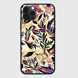 Чехол iPhone 12 Pro Max Цветочный светло-коричневый с листьями