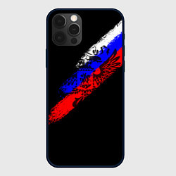 Чехол для iPhone 12 Pro Max Герб на фоне цветов флага на чёрном фоне, цвет: 3D-черный