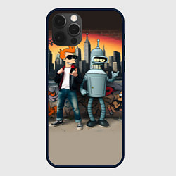 Чехол iPhone 12 Pro Max Фрай и Бендер на фоне стены с граффити