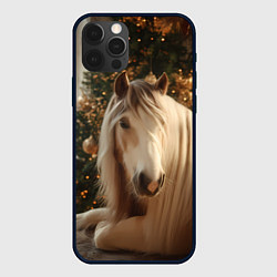 Чехол для iPhone 12 Pro Max Белая лошадка лежит у новогодней елки, цвет: 3D-черный