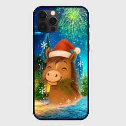 Чехол для iPhone 12 Pro Max Новогодняя лошадка жует елочные ветки, цвет: 3D-черный
