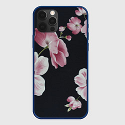 Чехол для iPhone 12 Pro Цветы на черном фоне, цвет: 3D-тёмно-синий