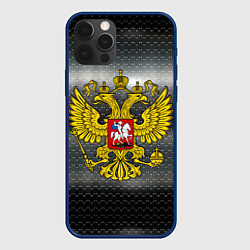 Чехол iPhone 12 Pro Герб России на металлическом фоне