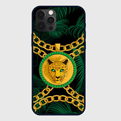 Чехол iPhone 12 Pro Золотой леопард и цепь