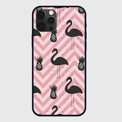 Чехол iPhone 12 Pro Черный фламинго арт