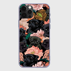 Чехол для iPhone 12 Pro Мопсы и Цветы, цвет: 3D-светло-сиреневый