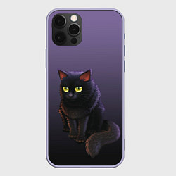Чехол iPhone 12 Pro Черный кот на фиолетовом