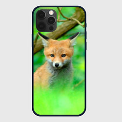 Чехол для iPhone 12 Pro Лисенок в зеленом лесу, цвет: 3D-черный