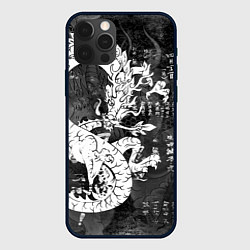 Чехол iPhone 12 Pro ЧБ Японский Дракон Dragon Иероглифы