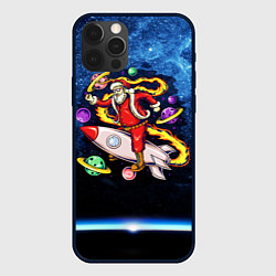 Чехол iPhone 12 Pro Санта хипстер в очках на ракете в космосе с планет