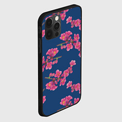 Чехол для iPhone 12 Pro Веточки айвы с розовыми цветами на синем фоне, цвет: 3D-черный — фото 2