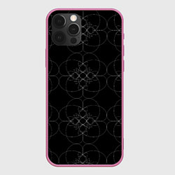 Чехол для iPhone 12 Pro Цветочный орнамент белый на черном, цвет: 3D-малиновый