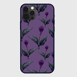 Чехол для iPhone 12 Pro Фиолетовые каллы с зелеными листьями, цвет: 3D-черный