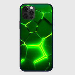 Чехол iPhone 12 Pro 3D ПЛИТЫ НЕОН NEON GREEN HEXAGON РАЗЛОМ