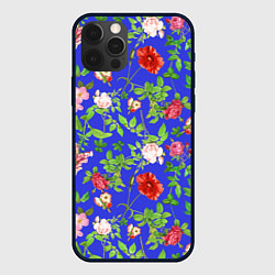 Чехол iPhone 12 Pro Цветочки - синий фон - паттерн